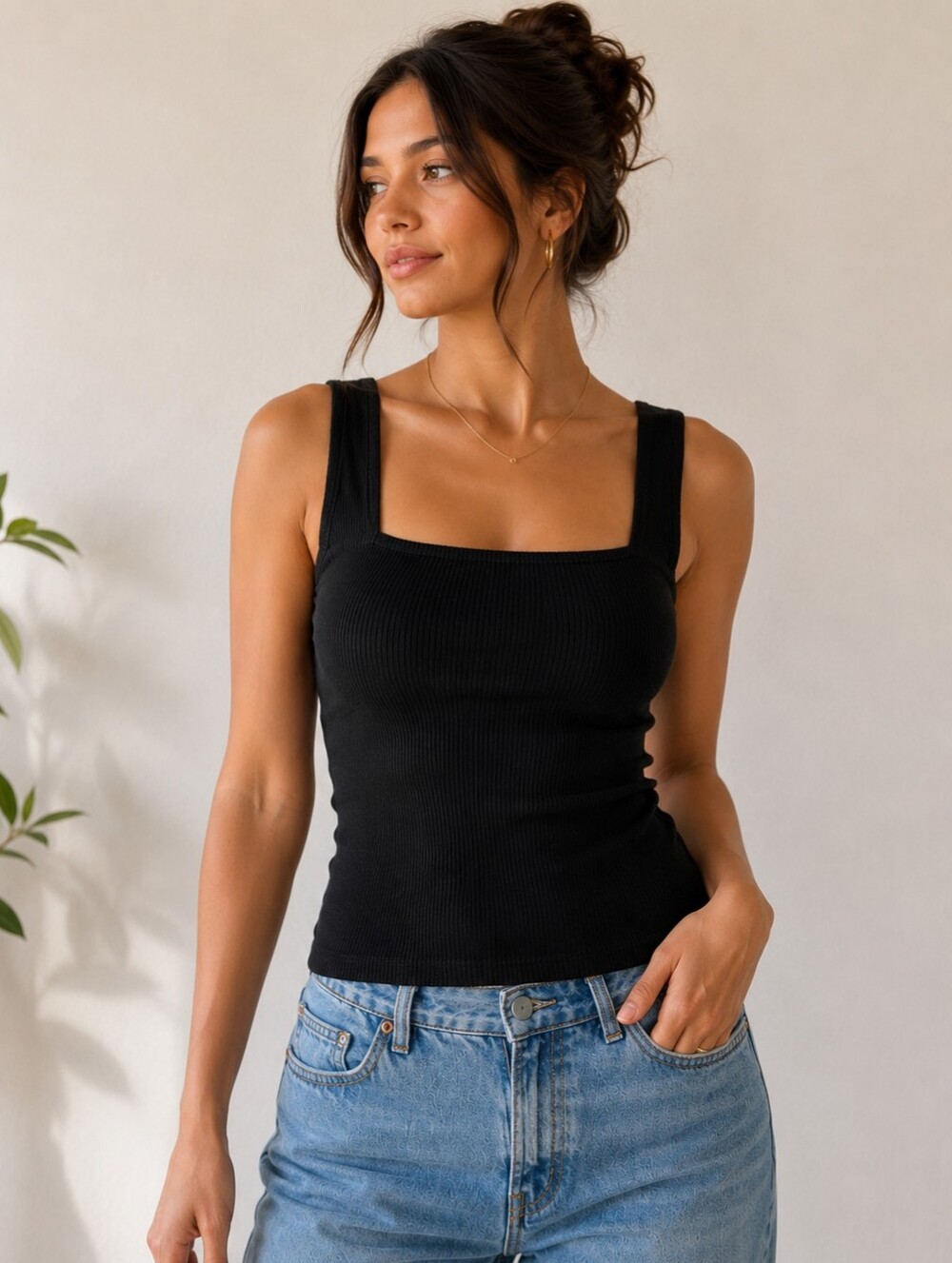 Reformation Black Ribbed Square Neck Tank Top 90s Minimalist Y2k Clean Girl XL